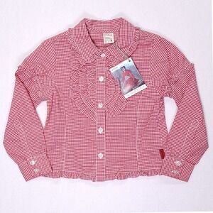 Jottum Girls Evianne Red Gingham Ruffle Collar‎ Long Sleeve Button Up Shirt Sz 6